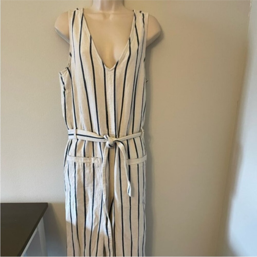 Madewell Navy and White Striped Jumpsuit with Pockets and Belt